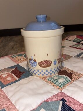 Ceramic Kitchen Canister with Blue Lid and Fruit Motif